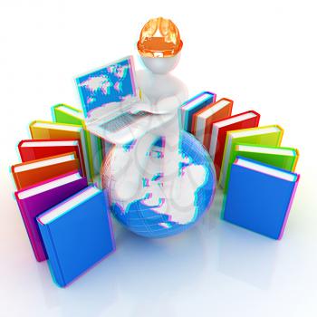 3d man in hard hat sitting on earth and working at his laptop and books around his on a white background. 3D illustration. Anaglyph. View with red/cyan glasses to see in 3D.
