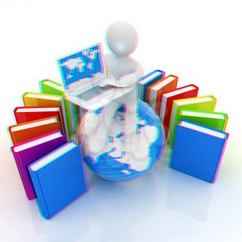 3d man sitting on earth and working at his laptop and books around his on a white background. 3D illustration. Anaglyph. View with red/cyan glasses to see in 3D.