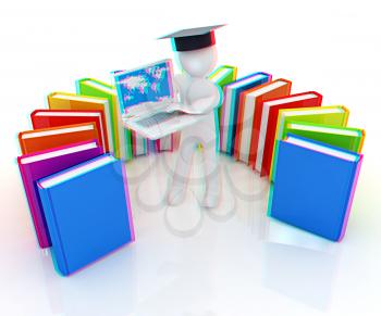 3d man in graduation hat working at his laptop and books on a white background. 3D illustration. Anaglyph. View with red/cyan glasses to see in 3D.