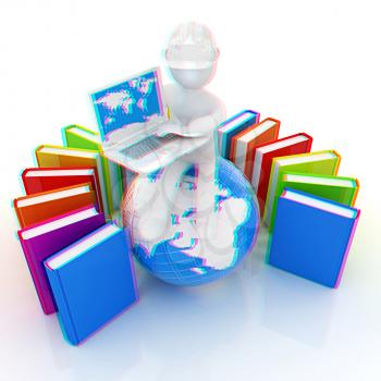 3d man in hard hat sitting on earth and working at his laptop and books around his on a white background. 3D illustration. Anaglyph. View with red/cyan glasses to see in 3D.