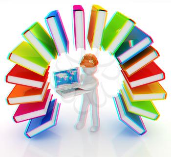 Colorful books like the rainbow and 3d man in a hard hat with laptop on a white background. 3D illustration. Anaglyph. View with red/cyan glasses to see in 3D.