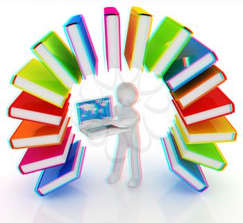 Colorful books like the rainbow and 3d man with laptop on a white background. 3D illustration. Anaglyph. View with red/cyan glasses to see in 3D.