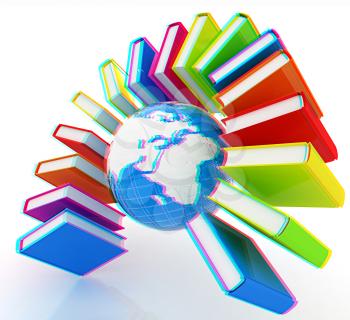 Colorful books like the rainbow and earth on a white background. 3D illustration. Anaglyph. View with red/cyan glasses to see in 3D.
