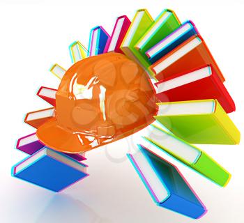 Colorful books like the rainbow and hard hat on a white background. 3D illustration. Anaglyph. View with red/cyan glasses to see in 3D.
