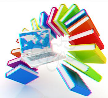 Laptop and books flying on a white background. 3D illustration. Anaglyph. View with red/cyan glasses to see in 3D.
