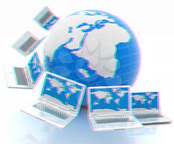 Laptops around the planet earth . 3D illustration. Anaglyph. View with red/cyan glasses to see in 3D.