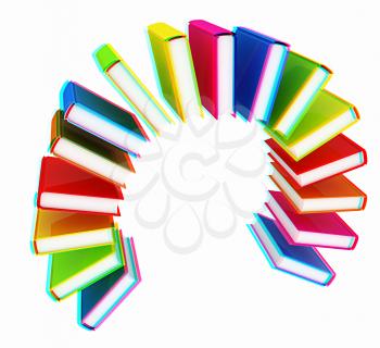 Colorful books like the rainbow on a white background. 3D illustration. Anaglyph. View with red/cyan glasses to see in 3D.