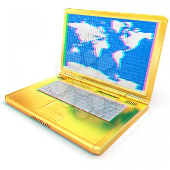 Gold laptop with world map on screen on a white background. 3D illustration. Anaglyph. View with red/cyan glasses to see in 3D.
