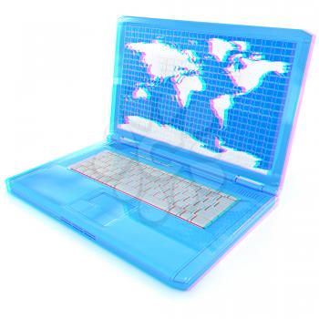 Laptop with world map on screen on a white background. 3D illustration. Anaglyph. View with red/cyan glasses to see in 3D.