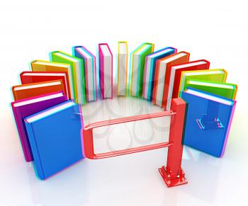 Colorful books in a semicircle and tourniquet to control. The concept of the exam on a white background. 3D illustration. Anaglyph. View with red/cyan glasses to see in 3D.