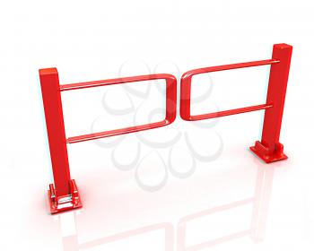 Three-dimensional image of the turnstile on a white background. 3D illustration. Anaglyph. View with red/cyan glasses to see in 3D.