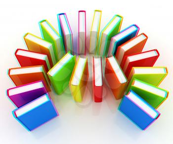 colorful real books on a white background. 3D illustration. Anaglyph. View with red/cyan glasses to see in 3D.