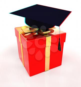 graduation hat on a red gift on a white background. 3D illustration. Anaglyph. View with red/cyan glasses to see in 3D.