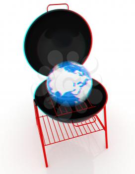 Oven barbecue grill and earth on a white background. 3D illustration. Anaglyph. View with red/cyan glasses to see in 3D.