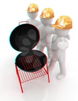 3d mans in a hard hat with thumb up and barbecue grill. On a white background . 3D illustration. Anaglyph. View with red/cyan glasses to see in 3D.