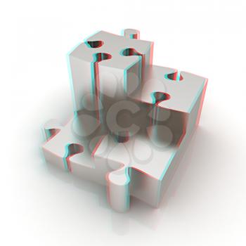 Concept of growth of metall puzzles on a white background. 3D illustration. Anaglyph. View with red/cyan glasses to see in 3D.