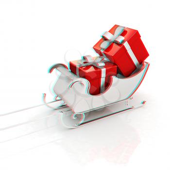 Christmas Santa sledge with gifts on a white background . 3D illustration. Anaglyph. View with red/cyan glasses to see in 3D.