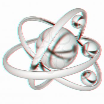 3d atom isolated on white background . 3D illustration. Anaglyph. View with red/cyan glasses to see in 3D.