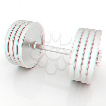 Metalll dumbbell on a white background. 3D illustration. Anaglyph. View with red/cyan glasses to see in 3D.