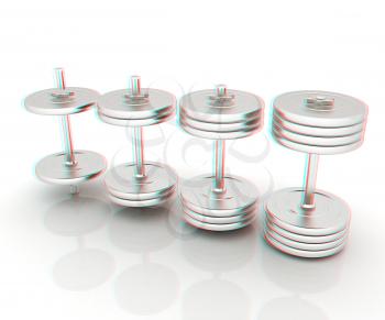 Metalll dumbbells on a white background. 3D illustration. Anaglyph. View with red/cyan glasses to see in 3D.
