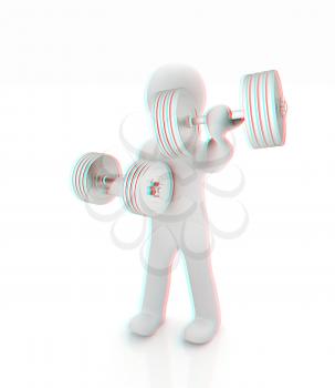 3d mans with metall dumbbells on a white background. 3D illustration. Anaglyph. View with red/cyan glasses to see in 3D.