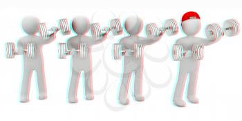 3d mans with metall dumbbells on a white background. 3D illustration. Anaglyph. View with red/cyan glasses to see in 3D.