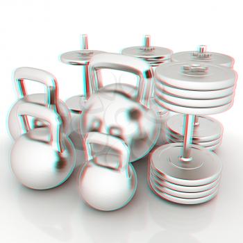 Metall weights and dumbbells on a white background. 3D illustration. Anaglyph. View with red/cyan glasses to see in 3D.