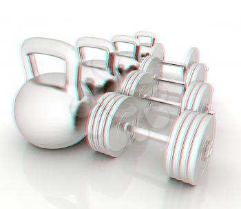 Metall weights and dumbbells on a white background. 3D illustration. Anaglyph. View with red/cyan glasses to see in 3D.