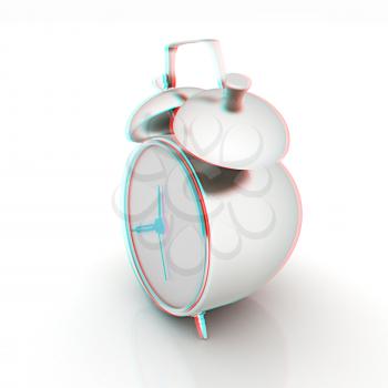 Alarm clock on a white background. 3D illustration. Anaglyph. View with red/cyan glasses to see in 3D.