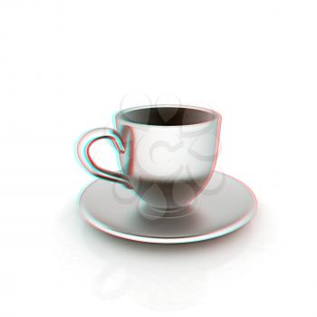 Cup on a saucer on white background. 3D illustration. Anaglyph. View with red/cyan glasses to see in 3D.