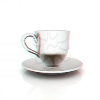 Cup on a saucer on white background . 3D illustration. Anaglyph. View with red/cyan glasses to see in 3D.