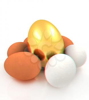 Eggs and gold easter egg. 3D illustration. Anaglyph. View with red/cyan glasses to see in 3D.
