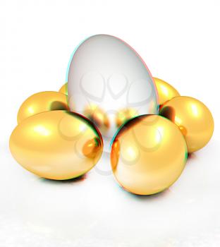 Big egg and gold eggs. 3D illustration. Anaglyph. View with red/cyan glasses to see in 3D.