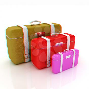 Traveler's suitcases. Family travel concept. 3D illustration. Anaglyph. View with red/cyan glasses to see in 3D.