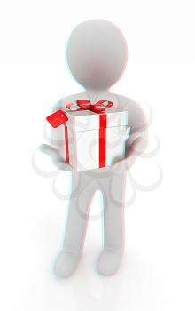 3d man and gift with red ribbon on a white background . 3D illustration. Anaglyph. View with red/cyan glasses to see in 3D.