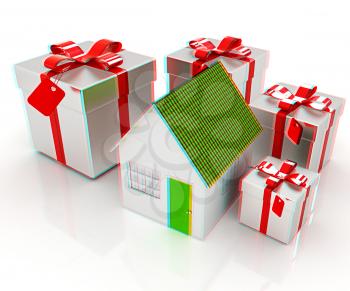 House and gifts. 3D illustration. Anaglyph. View with red/cyan glasses to see in 3D.