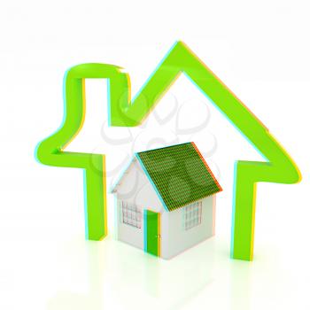 3d green house and icon house on white background . 3D illustration. Anaglyph. View with red/cyan glasses to see in 3D.