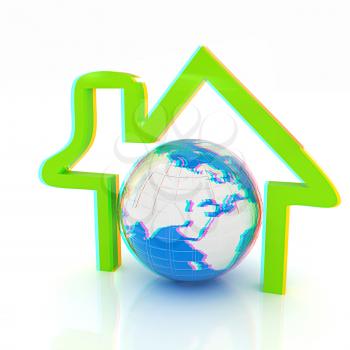 3d green icon house, earth on white background . 3D illustration. Anaglyph. View with red/cyan glasses to see in 3D.