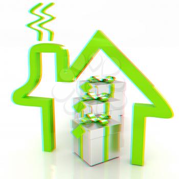 House icon and gifts. 3D illustration. Anaglyph. View with red/cyan glasses to see in 3D.