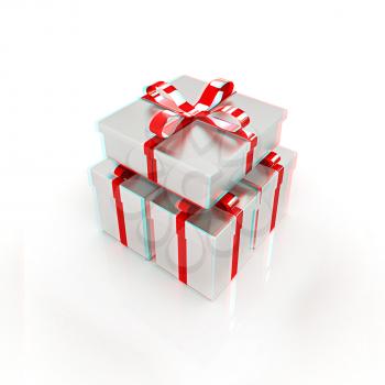 Gifts with ribbon on a white background. 3D illustration. Anaglyph. View with red/cyan glasses to see in 3D.