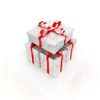 Gifts with ribbon on a white background. 3D illustration. Anaglyph. View with red/cyan glasses to see in 3D.
