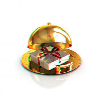Illustration of a luxury gift on restaurant cloche on a white background. 3D illustration. Anaglyph. View with red/cyan glasses to see in 3D.
