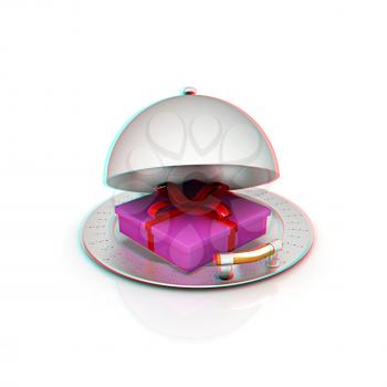 Illustration of a luxury gift on restaurant cloche on a white background. 3D illustration. Anaglyph. View with red/cyan glasses to see in 3D.