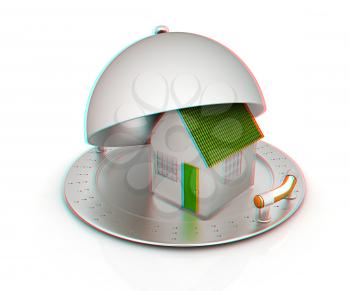 house on restaurant cloche isolated on white background . 3D illustration. Anaglyph. View with red/cyan glasses to see in 3D.