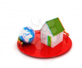 house and earth on restaurant cloche isolated on white background . 3D illustration. Anaglyph. View with red/cyan glasses to see in 3D.