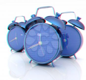 3d illustration of glossy alarm clocks against white background . 3D illustration. Anaglyph. View with red/cyan glasses to see in 3D.