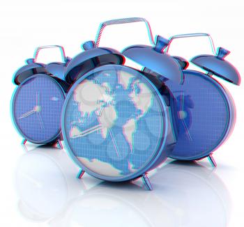 Alarm clock of world map and alarm clocks. 3D illustration. Anaglyph. View with red/cyan glasses to see in 3D.