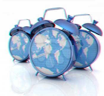 Alarm clocks of world map. 3D illustration. Anaglyph. View with red/cyan glasses to see in 3D.