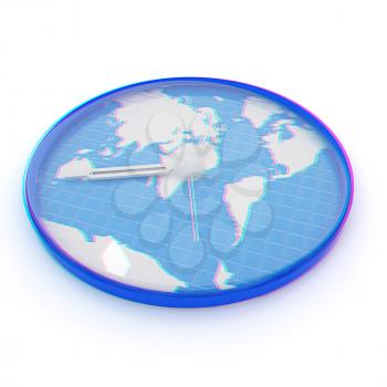 Clock of world map . 3D illustration. Anaglyph. View with red/cyan glasses to see in 3D.