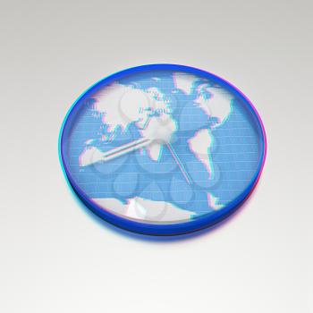 Clock of world map . 3D illustration. Anaglyph. View with red/cyan glasses to see in 3D.